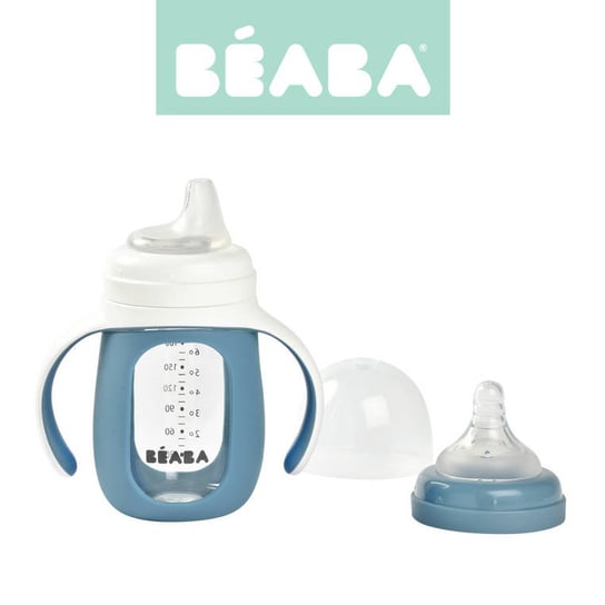 Beaba, Szklana butelka treningowa w silikonowej osłonce 2w1, Niebieski, 210 ml Beaba