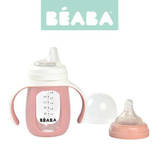 Beaba, Szklana butelka treningowa w silikonowej osłonce 2w1, Różowy, 210 ml Beaba