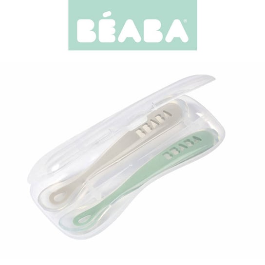 Beaba, Zestaw 2 łyżeczek silikonowych w podróżnym etui 4 m+, Sage Green Beaba