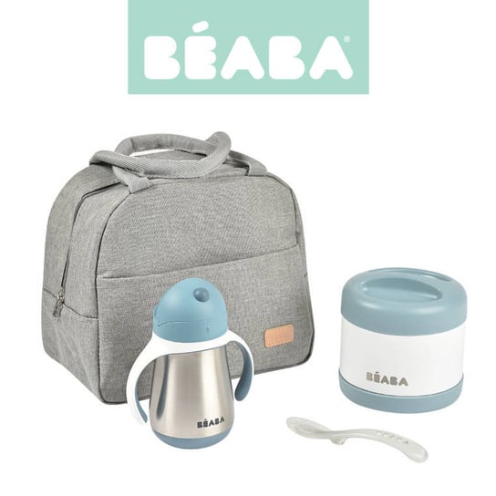 Beaba Zestaw podróżny w torbie izotermicznej: termos obiadowy ze stali nierdzewnej 500 ml, bidon termiczny ze słomką 250 ml i silikonowa łyżeczka 8m+ Windy Blue Beaba