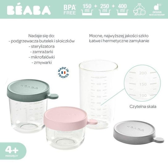 Beaba Zestaw pojemników szklanych z hermetycznym zamknięciem 150 + 250 + 400 ml Beaba