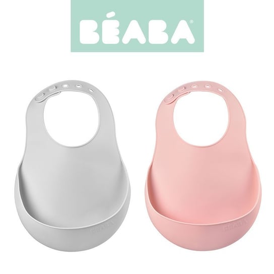 Beaba, Zestaw śliniaków silikonowych z kieszonką, Light mist + vintage pink, 2 szt. Beaba