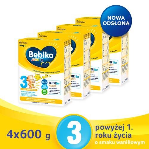 Bebiko Junior 3 NUTRIflor Expert na bazie mleka – dla dzieci powyżej 1. roku o smaku waniliowym 4x600g Bebiko