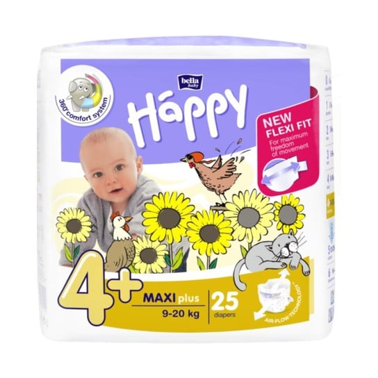 Bella Baby Happy, New Flexi Fit, Pieluszki dla dzieci, Maxi Plus, 4+, 9-20 kg, 25 szt. Bella Baby Happy