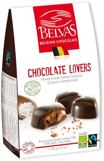Belvas, belgijskie czekoladki serca z karmelem i solą morską fair trade bezglutenowe bio, 100 g BELVAS