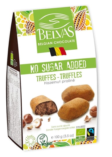 Belvas, belgijskie czekoladki trufle z orzechami laskowymi bez dodatku cukrów bezglutenowe bio, 100 g BELVAS