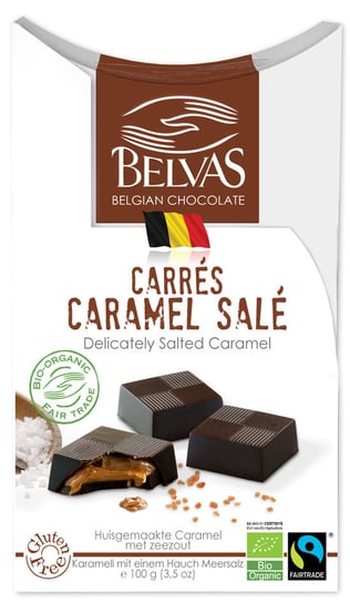 Belvas, belgijskie czekoladki z karmelem i solą fair trade bezglutenowe bio, 100 g BELVAS
