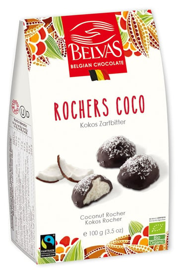 Belvas, belgijskie czekoladki z nadzieniem kokosowym fair trade bezglutenowe bio, 100 g BELVAS