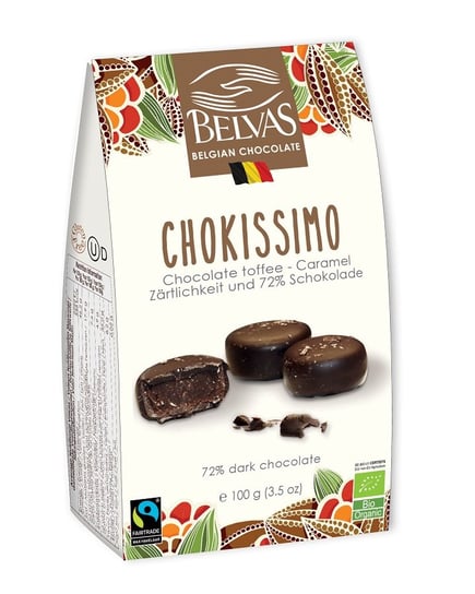 Belvas, belgijskie czekoladki z toffi i karmelem fair trade bezglutenowe bio, 100 g BELVAS