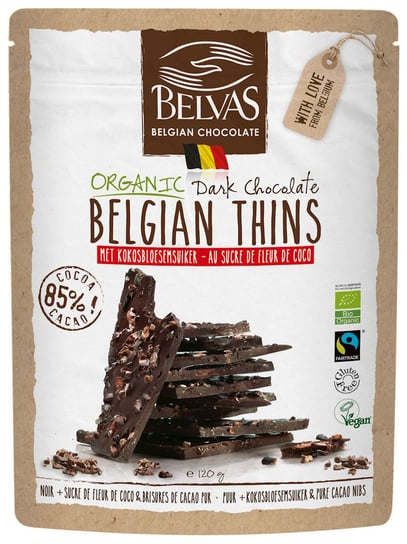 Belvas, kawałki czekolady gorzkiej 85% z kruszonymi ziarnami kakao fair trade bezglutenowe bio, 120 g BELVAS