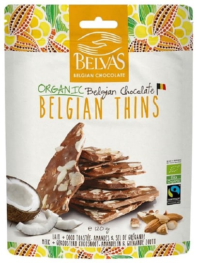 Belvas, kawałki czekolady mlecznej z migdałami i kokosem bezglutenowe bio, 120 g BELVAS