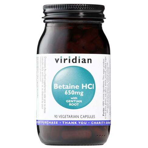 Betaina HCL z goryczką Beatine HCL 650mg with gentain root Suplement diety, 90 kapsułek Viridian Viridian