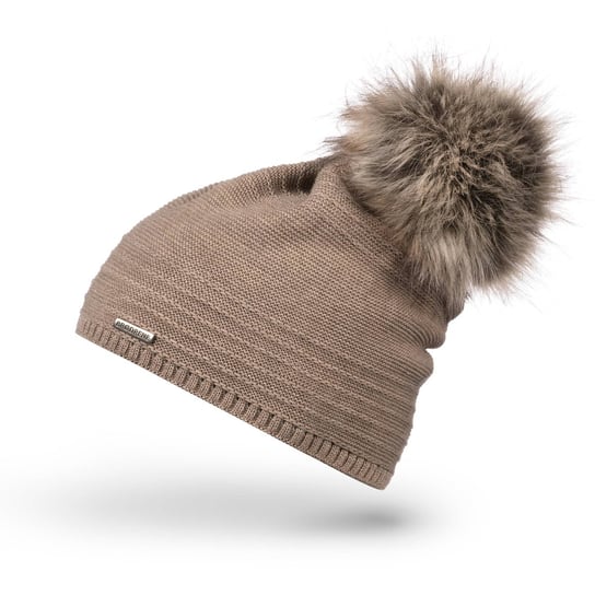 Beżowa stylowa czapka damska z pomponem na zimę Brodrene