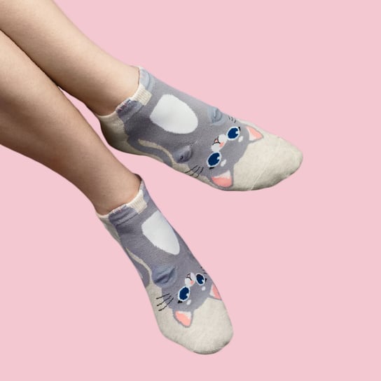 Beżowe Skarpetki W Szare Koty - Damskie Skarpetki Dla Kociary CandySox