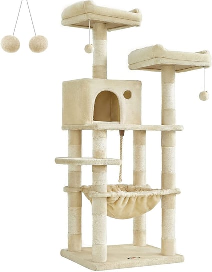 Beżowy drapak wieża dla kota 143 cm legowisko jaskinia kosz słupki sizal Songmics