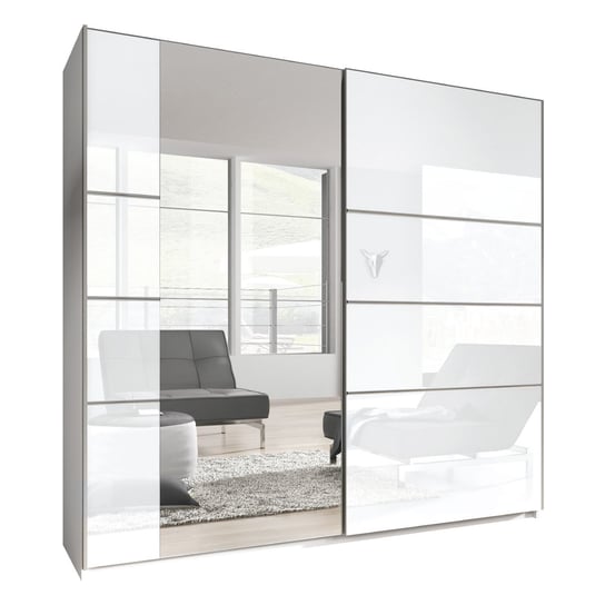 Biała duża szafa z drzwiami przesuwnymi i lustrem BETA 56 180 cm w połysku MKS