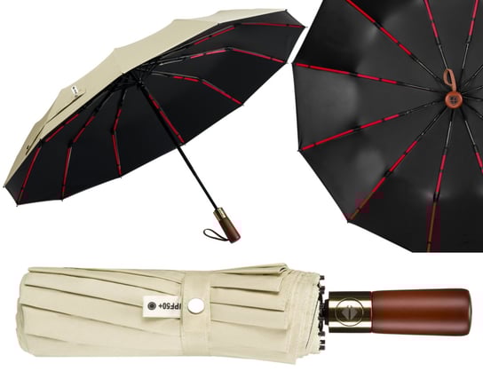 Biała parasolka automatyczna składana PETERSON duży elegancki parasol unisex pokrowiec pudełko prezentowe filtr UV UPF 50+ na słonce i deszcz Peterson