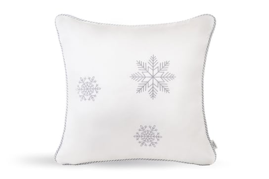 Biała poduszka zimowa Snowflake VII ze srebrnym haftem Doram design
