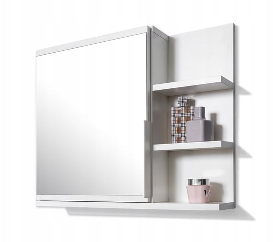 Biała szafka z lustrem, szafka łazienkowa, półki po prawej stronie DOMTECH