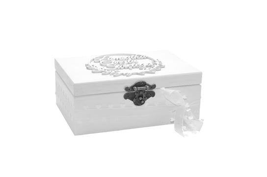Biała szkatułka na prezent na chrzest + imię. Zabawki Sensoryczne