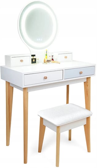 Biała Toaletka Kosmetyczna Z Lustrem Led + Taboret Funfit Home&Office FUNFIT