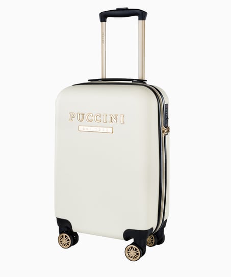 Biała walizka kabinowa z eleganckim napisem PUCCINI