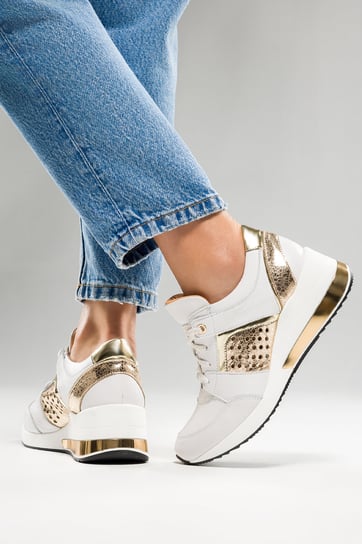 Białe sneakersy skórzane damskie na koturnie buty sportowe sznurowane PRODUKT POLSKI Casu 07862-2049-35 Casu