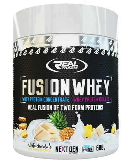 Białko Real Pharm Fusion Whey Odżywka Białkowa - 600G 50/50 Wpi Wpc Biała Czekolada Z Kawałkami Ananasa Real Pharm