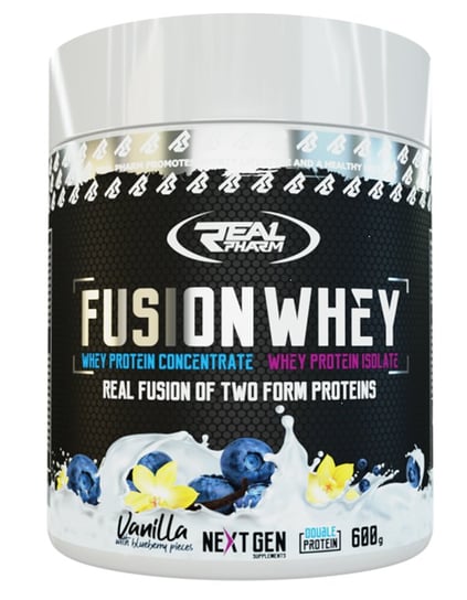 Białko Real Pharm Fusion Whey Odżywka Białkowa - 600G 50/50 Wpi Wpc Wanilia Z Kawałkami Jagód Real Pharm