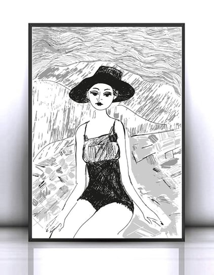 biało czarny plakat z kobietą na plaży, czarno biały plakat A4, plakat z dziewczyną na plaży, elegancki plakat A4, minimalistyczny plakat 21x30 cm, dekoracyjny plakat, Annasko
