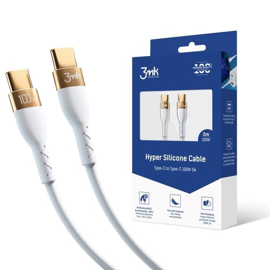 Biały Kabel silikonowy USB-C to USB-C 2m 100W White QC 3.0 - 3mk Hyper Silicone Cable 3MK