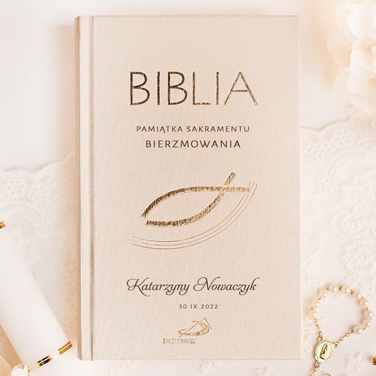 BIBLIA Pamiątka Sakramentu Bierzmowania z Rybą na Okładce OMS Dagmara Kieliańska