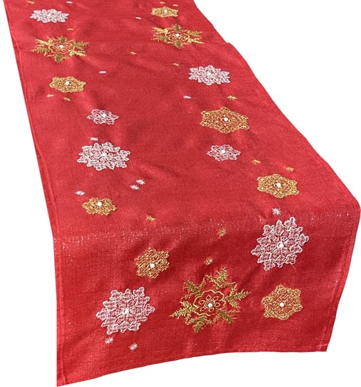 Bieżnik bożonarodzeniowy, 40x160, Święta, czerwony z haftem w płatki śniegu, OS-308-C Dekorart