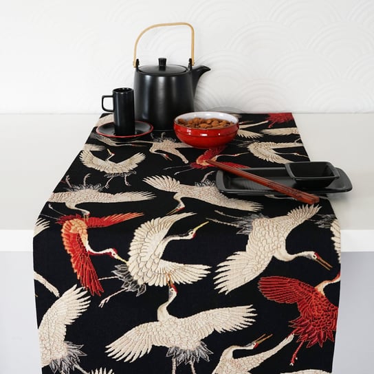 Bieżnik gobelinowy 35x140 cm czarny żurawie ptaki dekoracyjny na stół PolDesign PolDesign