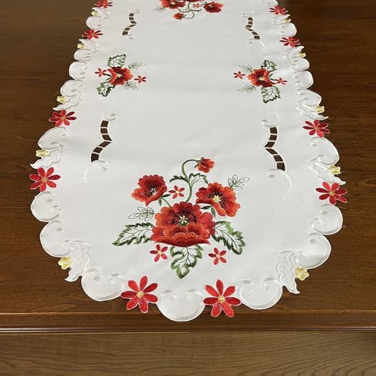 Bieżnik z haftem, 50x100, biały w kwiaty, OH-246-A Dekorart