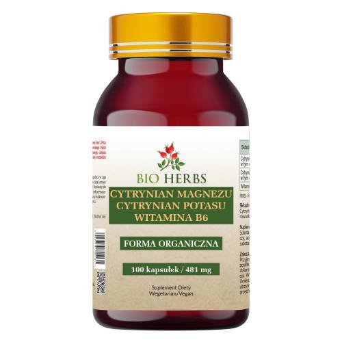 Bio Herbs, Cytrynian Magnezu + Cytrynian Potasu + Witamina B6,  Suplement diety, 100 kaps. Bio Herbs