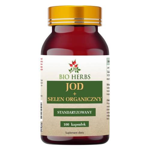 Bio Herbs, Jod Naturalny + Selen Organiczny Standaryzowany Tarczyca Skóra Włosy,  Suplement diety, 100 kaps. Bio Herbs