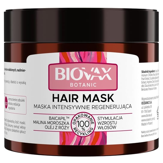 BIOVAX Botanic Maska intensywnie regenerująca Malina Moroszka i Baicapil - 250 ml LBIOTICA / BIOVAX