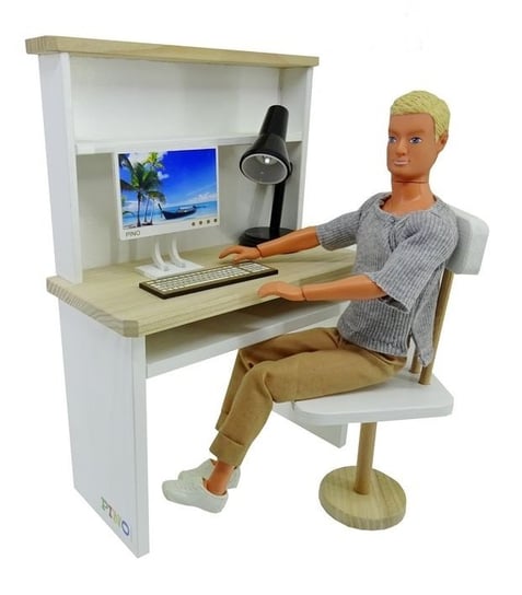 Biurko drewniane z nadstawką i krzesłem + monitor z klawiaturą dla lalki typu Barbie - PINO 1335 PINO