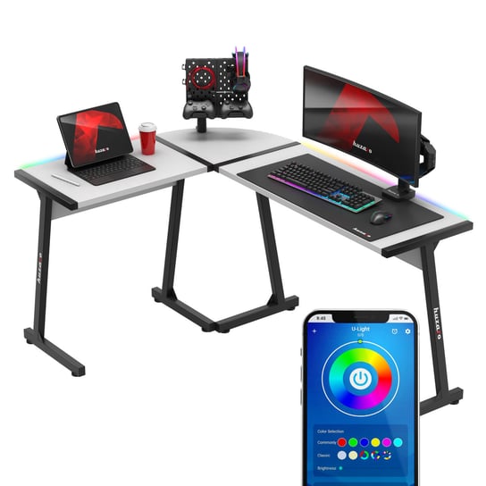 Biurko Gamingowe Huzaro Hero 6.0 White RGB Smart, z podświetleniem, narożne, sterowanie pilotem lub smartfonem, białe Huzaro