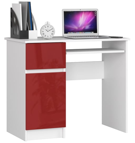 Biurko komputerowe 90 cm Piksel lewe małe 3 półki 1 szuflada 1 drzwi - Białe Czerwony Połysk FABRYKA MEBLI AKORD