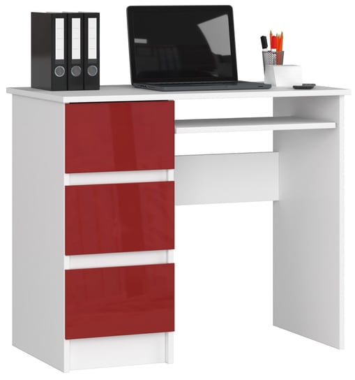 Biurko komputerowe A-6 90 cm lewostronne 3 szuflady 1 półka małe - Białe Czerwony Połysk FABRYKA MEBLI AKORD