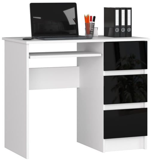 Biurko komputerowe A-6 90 cm prawe 3 szuflady 1 półka małe - Białe Czarny Połysk FABRYKA MEBLI AKORD