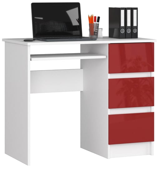 Biurko komputerowe A-6 90 cm prawe 3 szuflady 1 półka małe - Białe Czerwony Połysk FABRYKA MEBLI AKORD