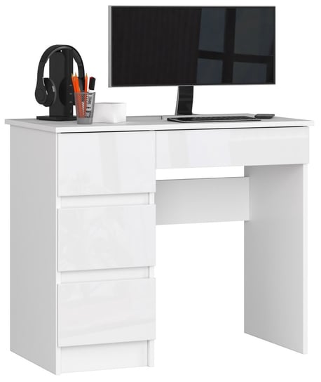 Biurko komputerowe A-7 90 cm lewostronne 4 szuflady małe - Białe Biały Połysk FABRYKA MEBLI AKORD