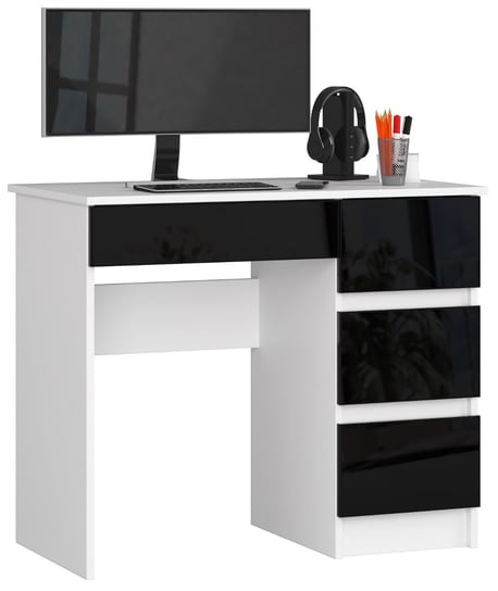Biurko komputerowe A-7 90 cm prawostronne 4 szuflady małe - Białe Czarny Połysk FABRYKA MEBLI AKORD