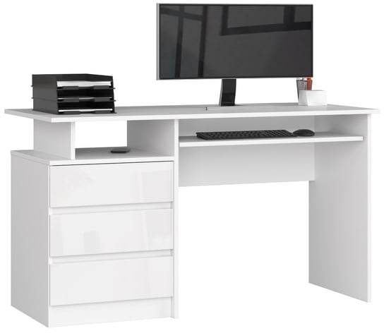 Biurko wolnostojące komputerowe CLP 135 cm 3 szuflady 2 półki - Białe Biały Połysk FABRYKA MEBLI AKORD