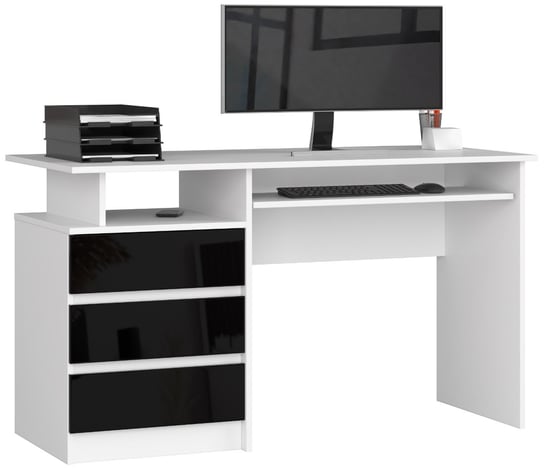 Biurko wolnostojące komputerowe CLP 135 cm 3 szuflady 2 półki - Białe Czarny Połysk FABRYKA MEBLI AKORD