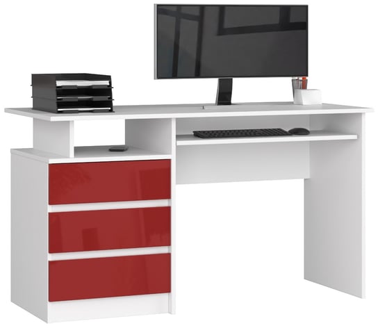 Biurko wolnostojące komputerowe CLP 135 cm 3 szuflady 2 półki - Białe Czerwony Połysk FABRYKA MEBLI AKORD
