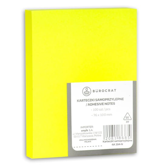 Bloczek kartek samoprzylepnych, żółty pastelowy Burocrat
